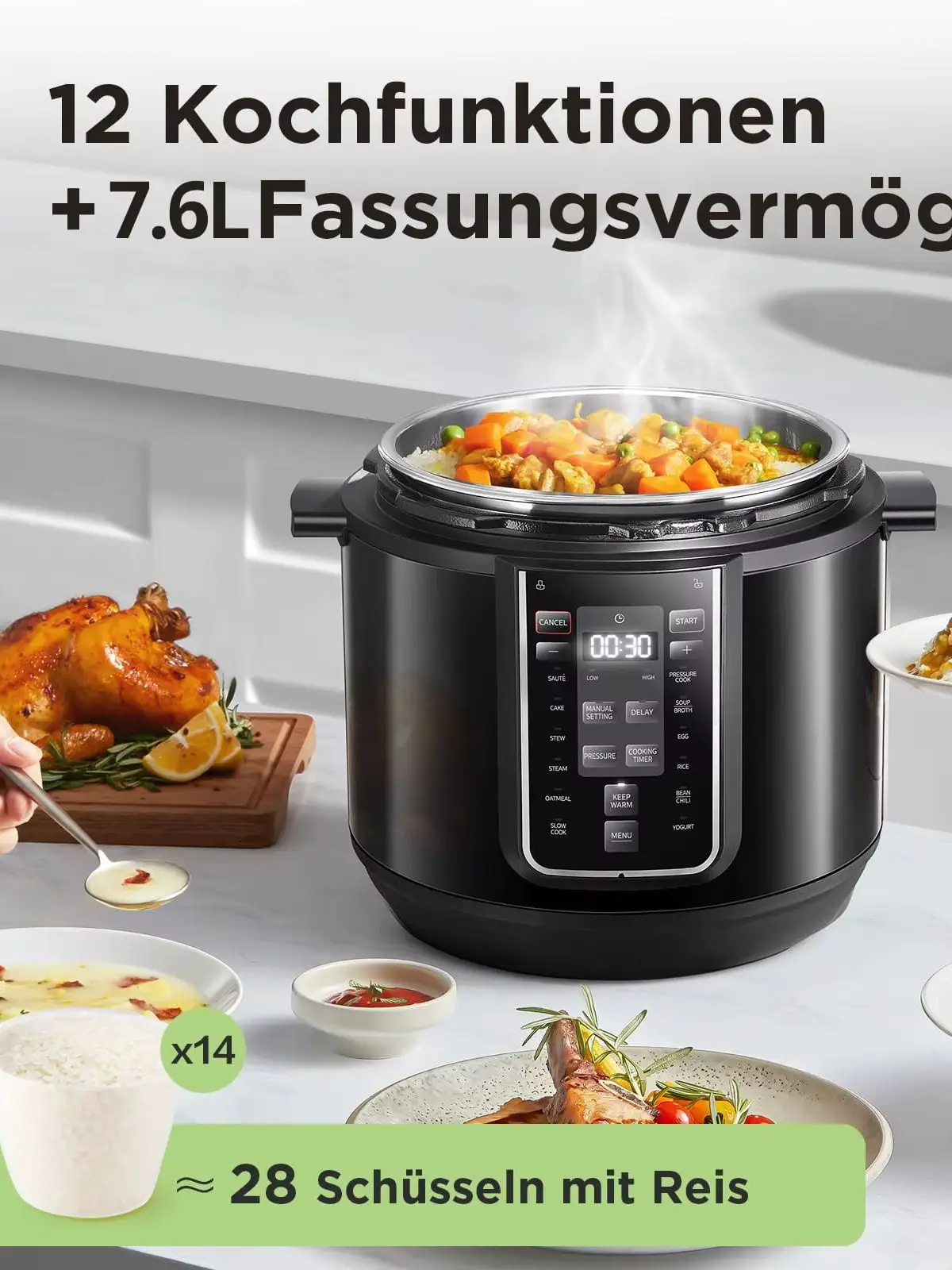 Midea Comfee Elektrischer Schnellkochtopf 7.6L, 1200W Multikocher mit 12 Kochfunktionen, 24-Stunden-Verzögerungstimer & Warmhaltefunktion, Sicherheitsdruckventil, 9-in-1 Druckkochtopf für Reis, Suppe,