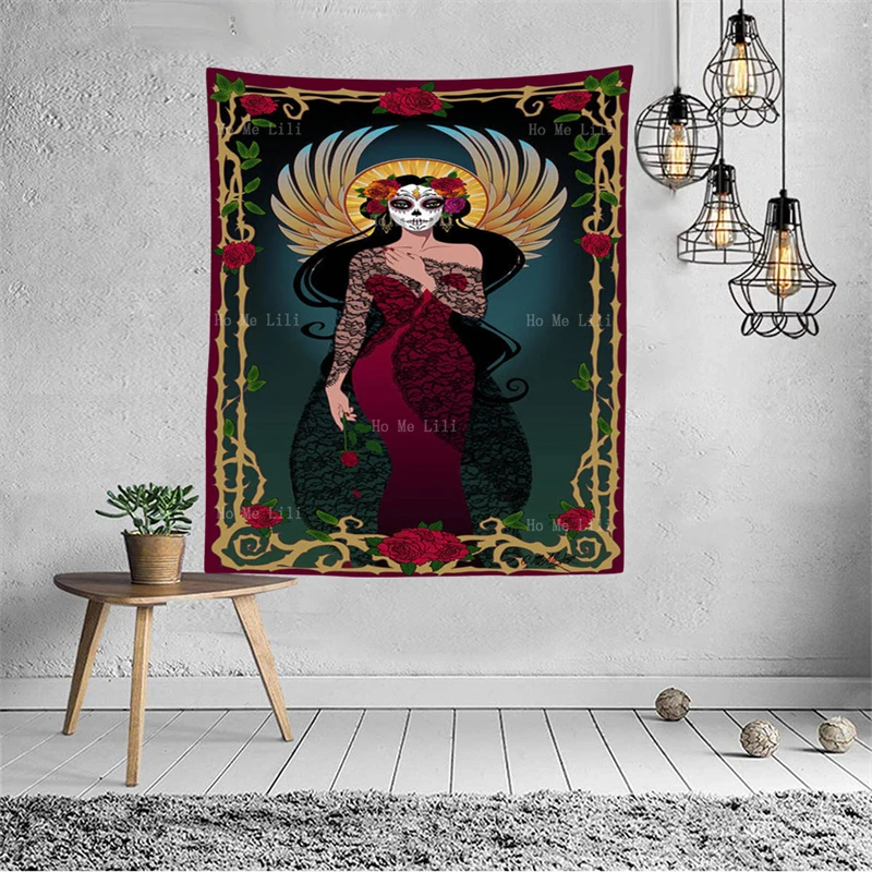 Pink Skull Dead Skeleton Head And Blue Roses Christian Art Santa Muert Prince With Thousand Enemies Tapestry By Ho Me Lili