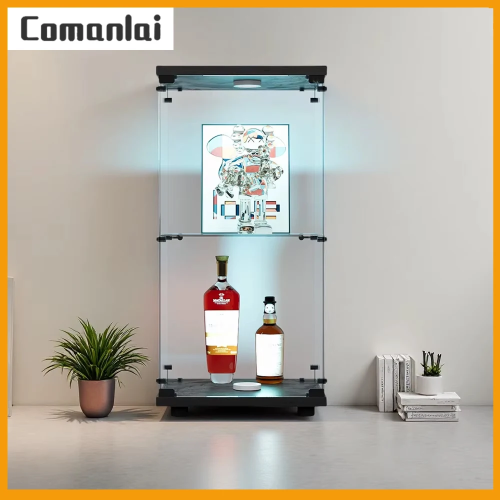 خزانة عرض زجاجية من كومانلاي مع إضاءة LED، خزانة عرض من الزجاج المقسى بطبقتين، خزانة قائمة على الأرض لغرفة المعيشة، أسود #1