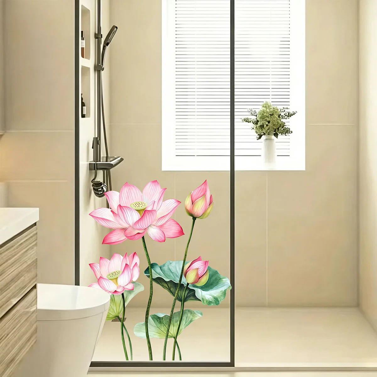 Detachable Lotus Wall Sticker, Waterproof PVC Glass Sticker, Bathroom, Window, Sliding Living Room Door Home Decoration view 2