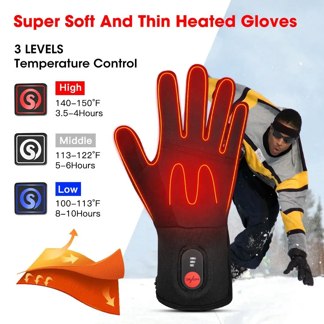 Thin Heated Gloves with Rechargeable Battery for Men and Women, Electric Hiking Gloves, Ski Heating, Camping Working Snow Biking