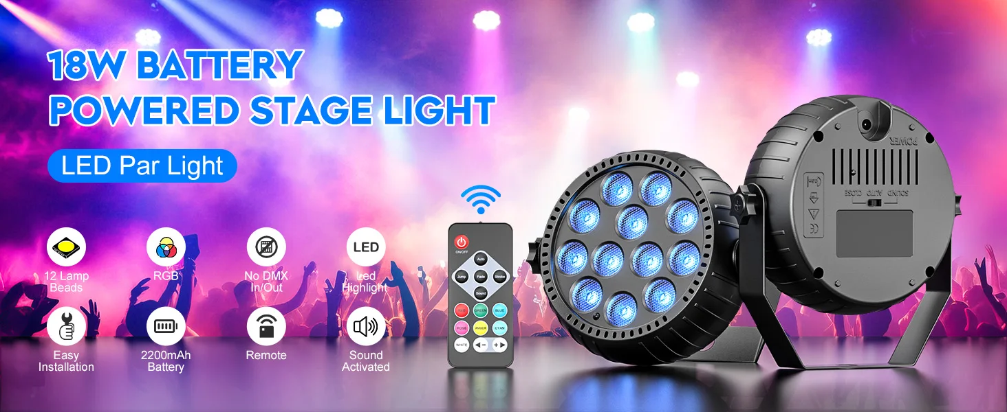 LeLeght 4Pcs 12LED Mini RGB Wireless Rechargeable Par Light LED Par Light Rechargeable Show Lights for Concert Party Wedding Bar