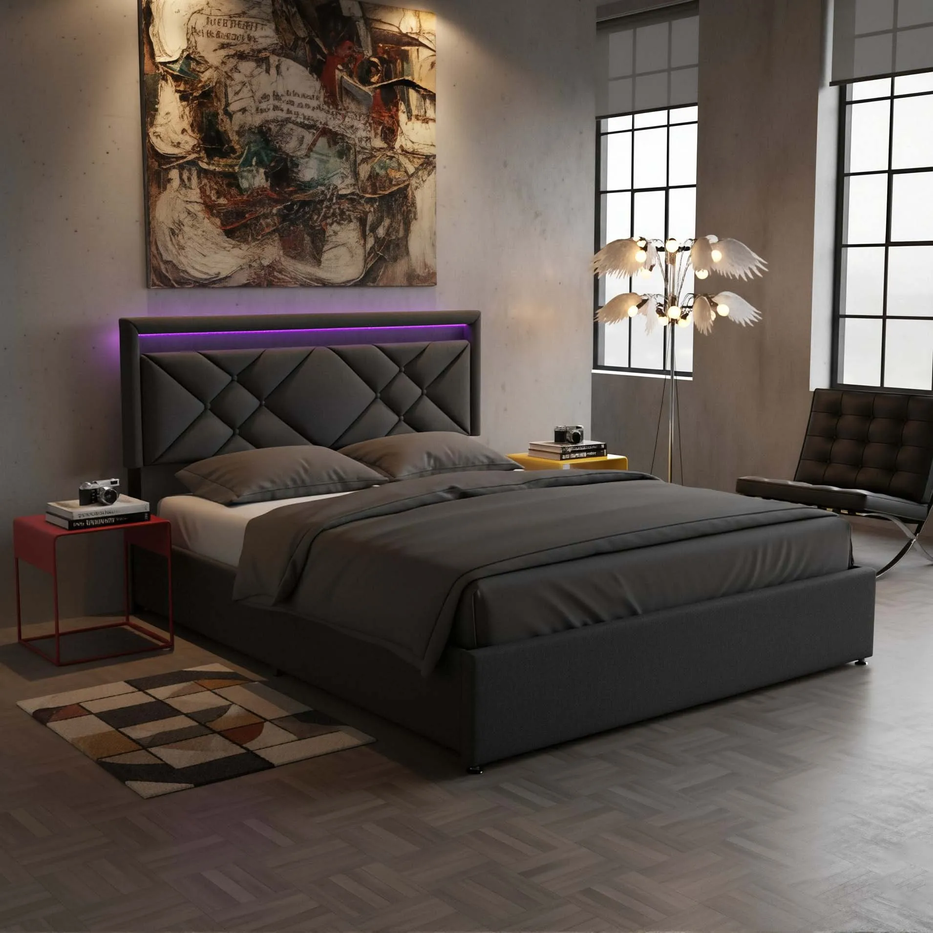 Lit double hydraulique, 160 x 200 cm, avec éclairage LED, ports USB et Type-C, équipé de 4 tiroirs métalliques, cadre de lit
