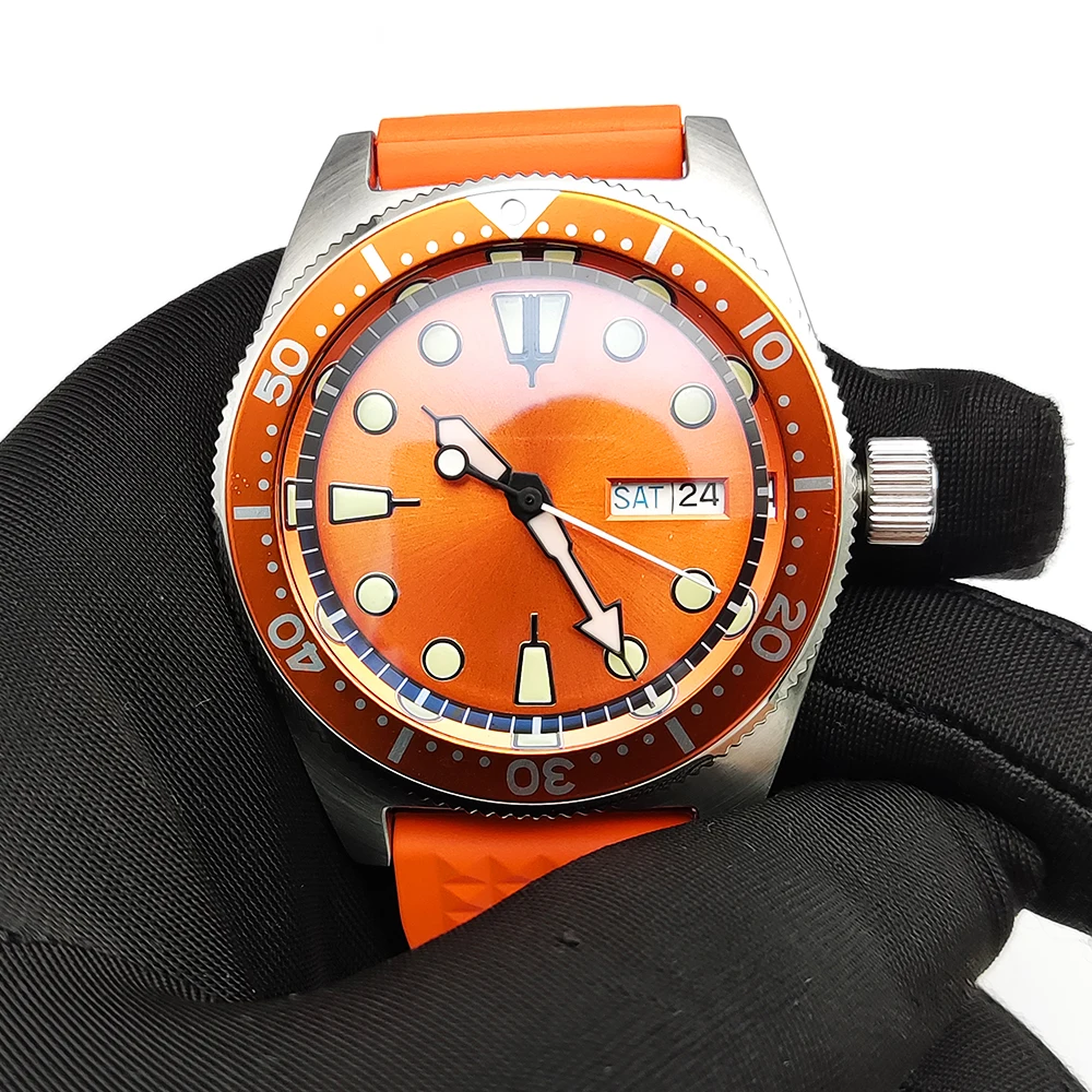 Zegarek męski automatyczny mechaniczny japonia NH36 Luminous Sapphire wodoodporny szczotkowany zegarek ze stali nierdzewnej Fashion Orange