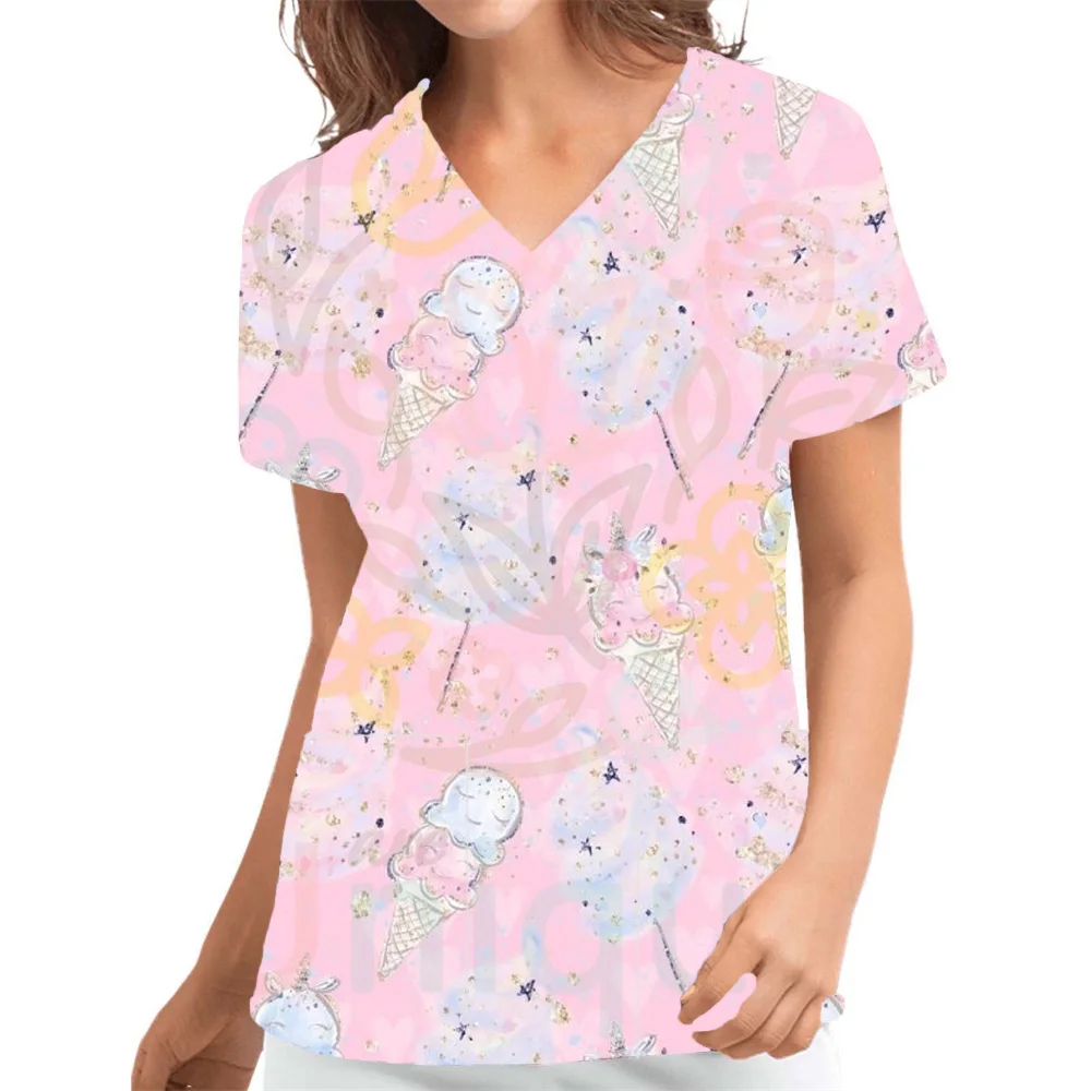 Uniforme clínico de manga corta para mujer, ropa de trabajo con cuello en V, estampado 3D, diseño de bolsillo, informal, Clínica Médica, enfermería