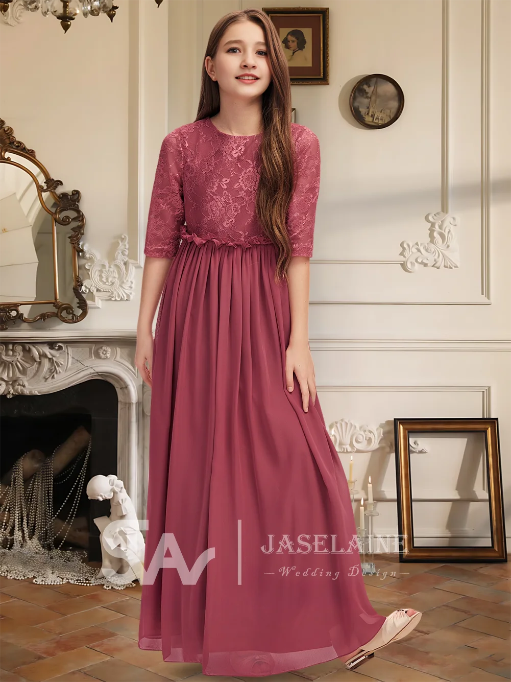 

QA Kids A-Line Scoop Floor-Length Chiffon Junior Bridesmaid Dress Pleated Flower Girl Dress Girls Party Wedding Formal Occasion