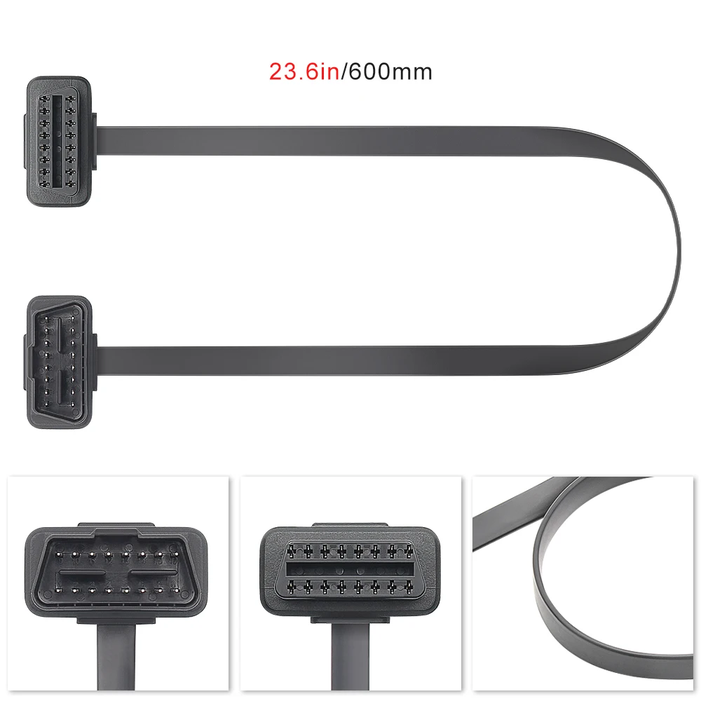 60CM OBD2 16 Pin Flat Thin As Noodle OBD 2 16Pin ELM327 Male To Female Elbow OBDII OBD2 Extension Connector Cable 16pin