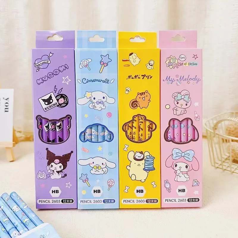 12Pcs/Box Sanrio Pencil Melody Kuromi Cinnamoroll HB Black Write Draw Pencils Primary Students Stationery School Children Gift