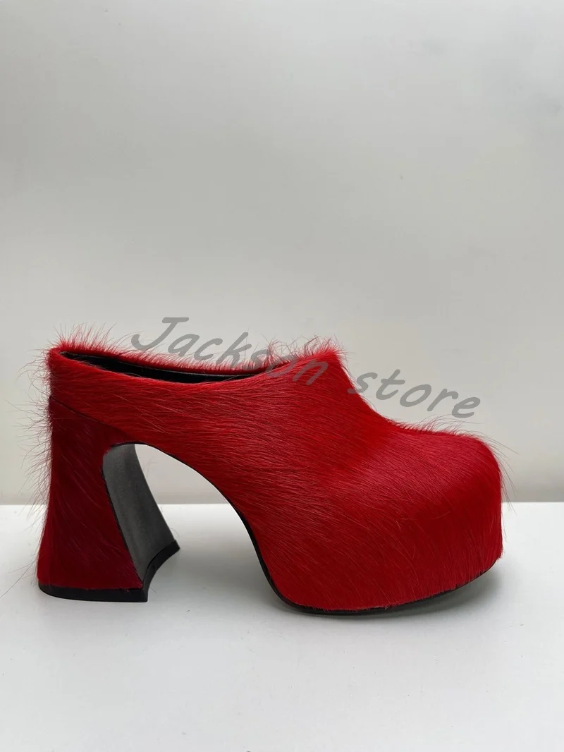 Round Toe Horse Hair Thick Heel Platform Slippers Mules Fashion Thick Sole High Heel Shoes Large Size Summer Women Shoes