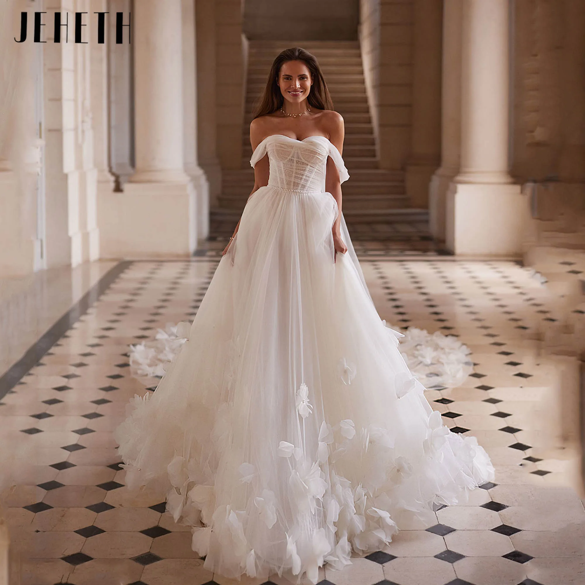

JEHETH Romantic Floral Wedding Dresses Women Off Shoulder A-line Gowns For Bride Sweetheart Elegant vestidos de novia Customized