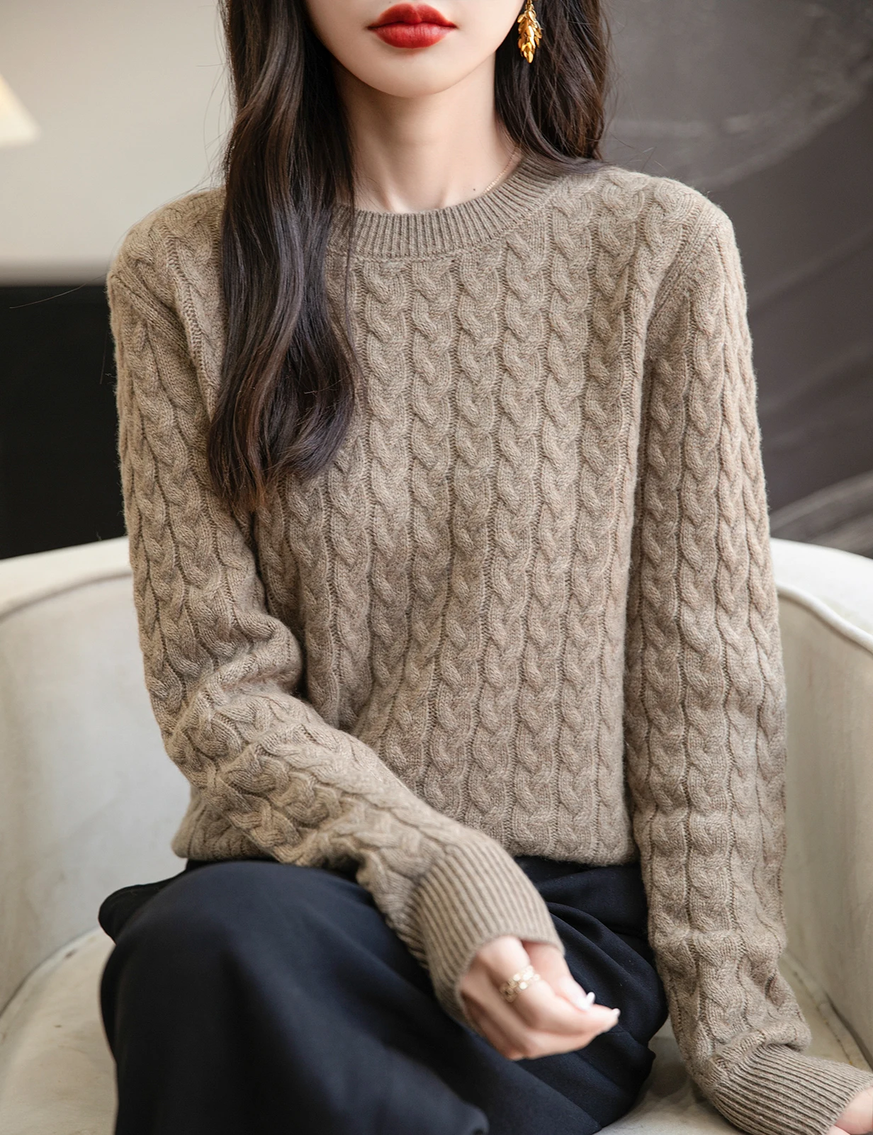 Merino Sweater wol wanita, atasan rajut kasual musim gugur dan dingin 100%, leher Crewneck lengan panjang, pakaian perempuan 2024