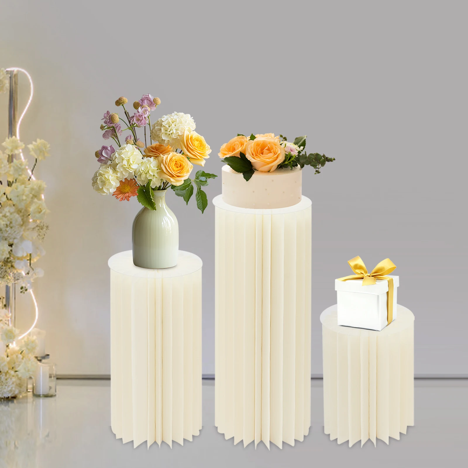 Soporte de columna de exhibición de Pilar Floral de cartón, soporte de columna de flor plegable, Pedestal de cilindro de papel, exhibición de pastel de boda, 3 uds.