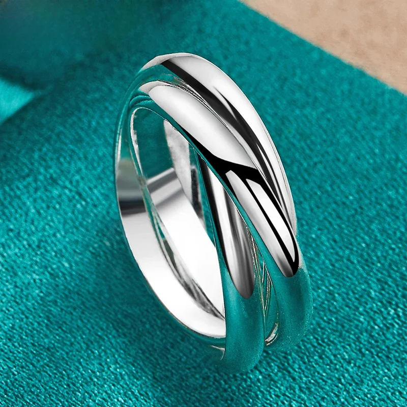 925 Sterling Silver Trzy gładkie okrągłe kółka Pierścionki dla kobiet Moda męska Zaręczyny Ślub Urodziny Impreza Urok Biżuteria Prezent — zdjęcie 2