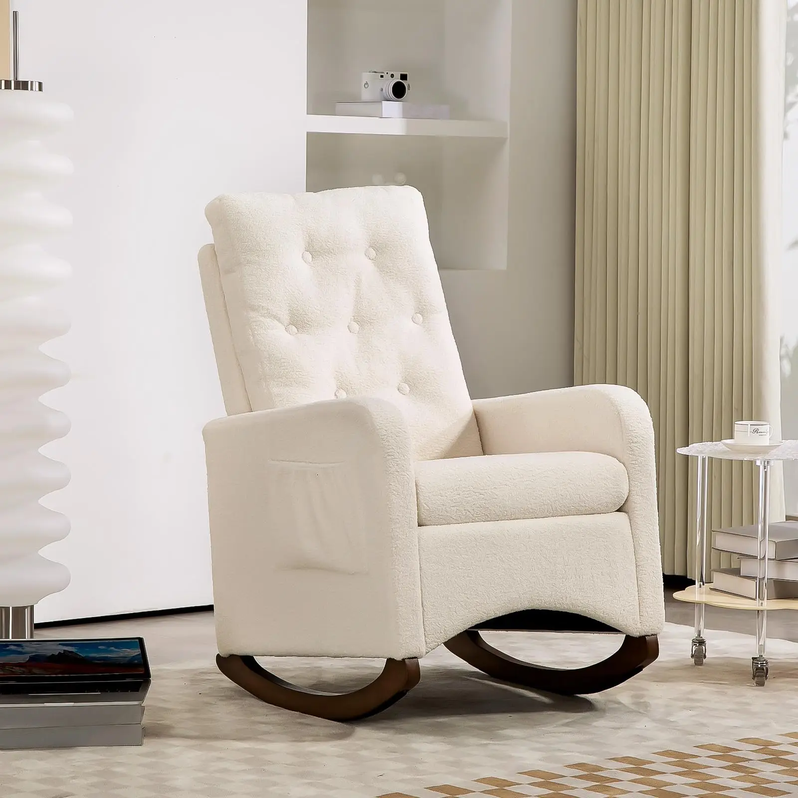Upholstered Rocking Chair, Nursing Chair with Safe Rocking Motion, Non-Slip Pad, Side Pocket & High Backrest Design, Soft Breathable Fabric Single Sofa for Baby Nursery & Living Room
