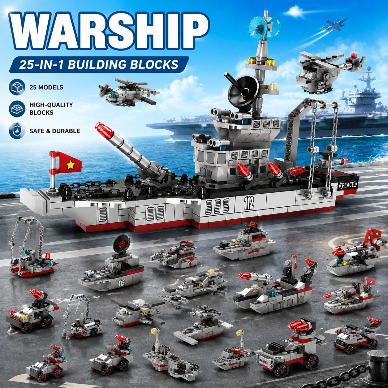 Barco Militar, 554 Piezas, 8 en 1, Bloques de Construcción de Crucero, Avión, Camión, Ladrillos de Juguete para Niños, Barco de Guerra del Ejército