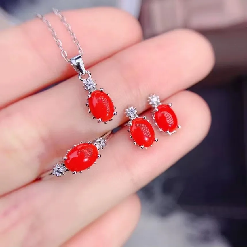 

Boutique Jewelry 925 Pure Silver Inlaid with Natural Red Coral Gems Women's Pendant Ring Set Party Birthday Christmas Gift