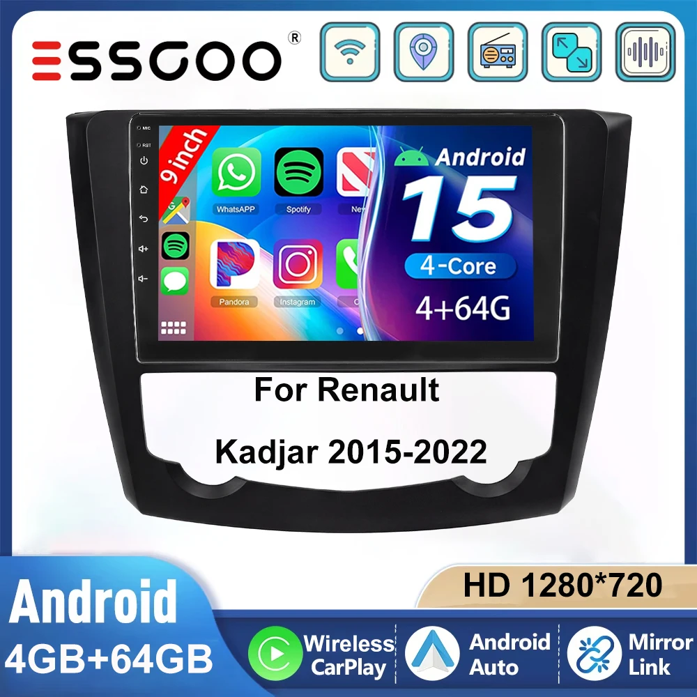 ESSGOO 9" Car Stereo Radio Android 15 4+64GB For Renault Kadjar 2015-2022 Portable Wireless CarPlay Android Auto GPS NAVI RDS FM WIFI Bluetooth Mirror Link Steering Wheel Control TouchScreen