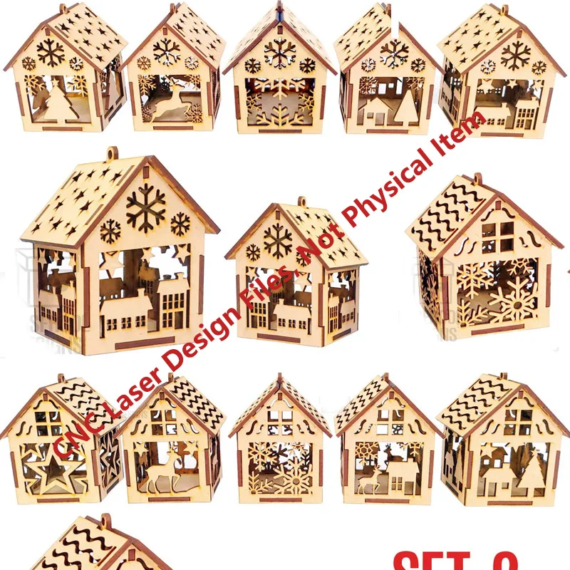 4 Sets Christmas House Ornaments Laser Cuttings Files Bundle Puzzles Digital Designs SVG DXF Ai Vector Formats Package