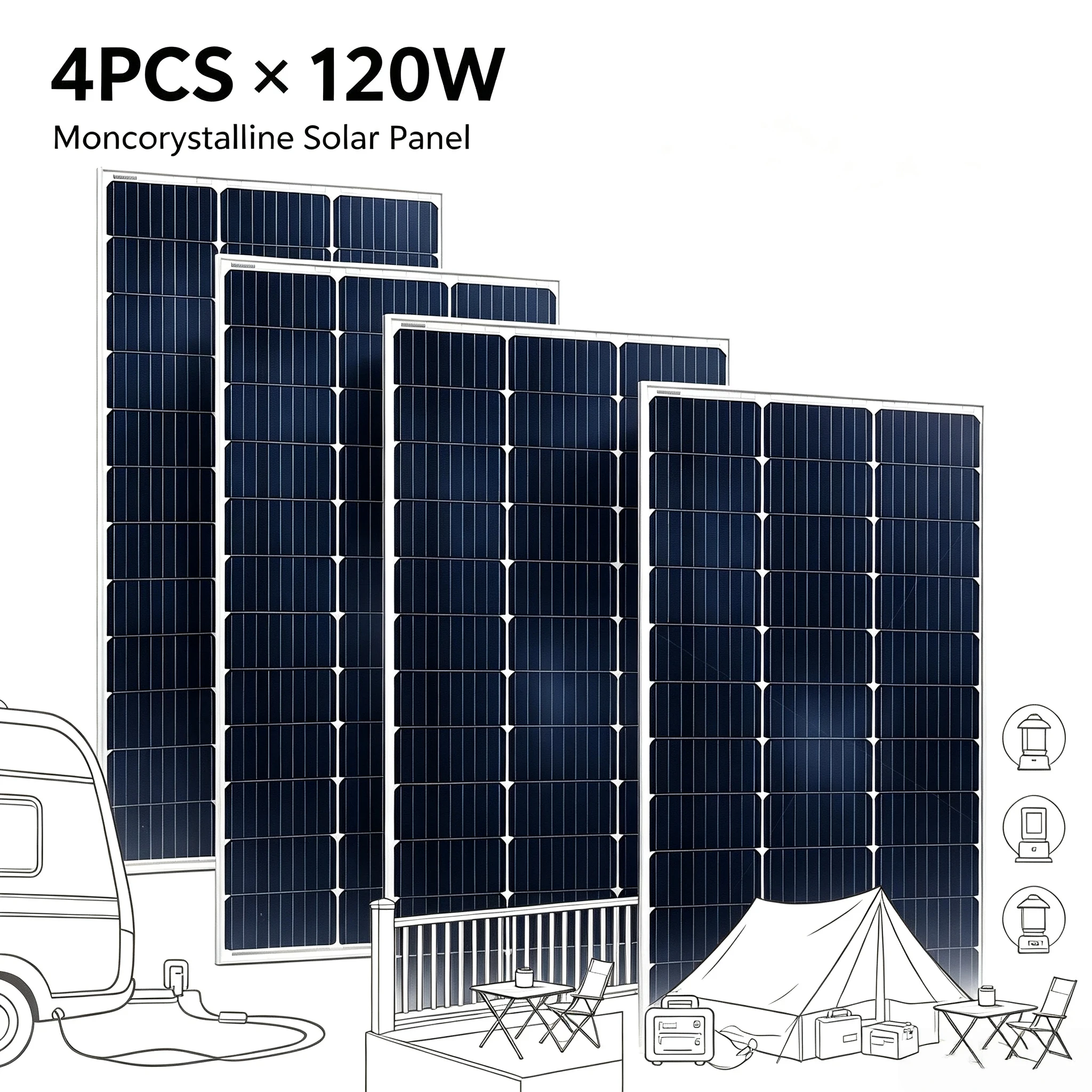 480W Monokristallines, festes Solarpanel (4×120W), 18V, hocheffizientes, wasserdichtes Photovoltaikmodul für Wohnmobile, Boote, Camping und netzunabhängige Stromversorgungssysteme im Haus.