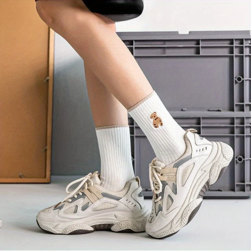 5/10 Par Damskich Skarpetek do Połowy Łydki - Uroczy Wzór Misia - 5 Kolorów (Czarny/Biały/Brązowy/Beżowy) - Miękki Poliester, Na Każdy Sezon, Codzienne