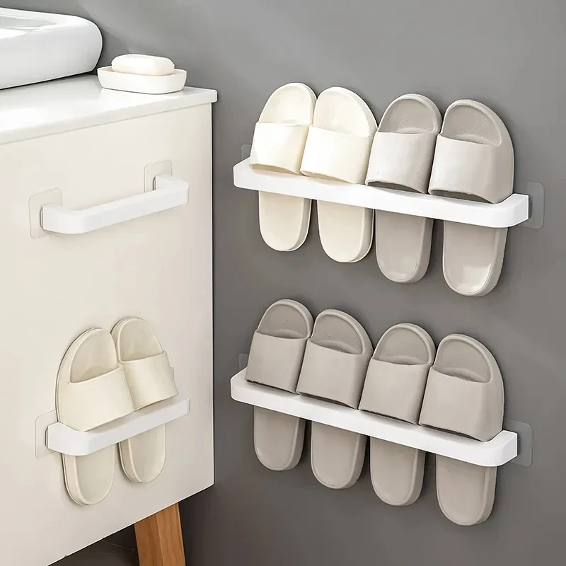 

Bathroom Slipper Shelf Punch Free Wall Mount Shoes Hanger Rack Towel Storage Shelf Space Saving Shelves Bathroom Accessories