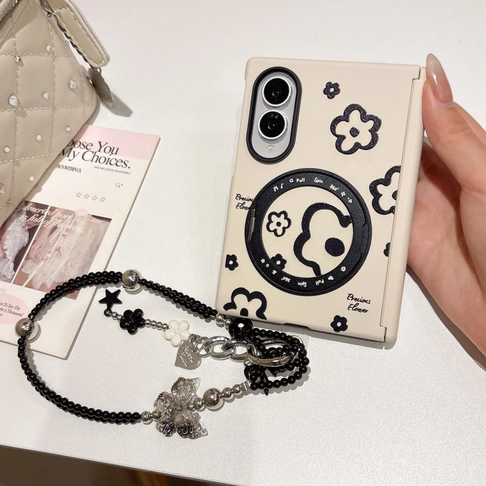 Cute Black Flowers Magnetic Phone case for Samsung Galaxy Z Fold 8 fold 8 Cover With Stand Chain Fashion Protective Case