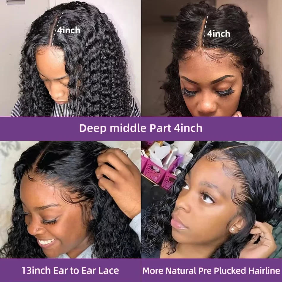 13x4 Lace Front Human Hair Wigs 100% Human Hair Pre Plucked Deep Wave Curly Short Bob Wigs For Women 4x4 Lace Closure Wig 220% image 2