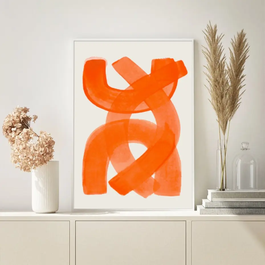 Modern Abstract Mid Century Watercolor Brush Strokes Poster Orange Canvas Print Painting Wall Art Picture Living Room Home Decor