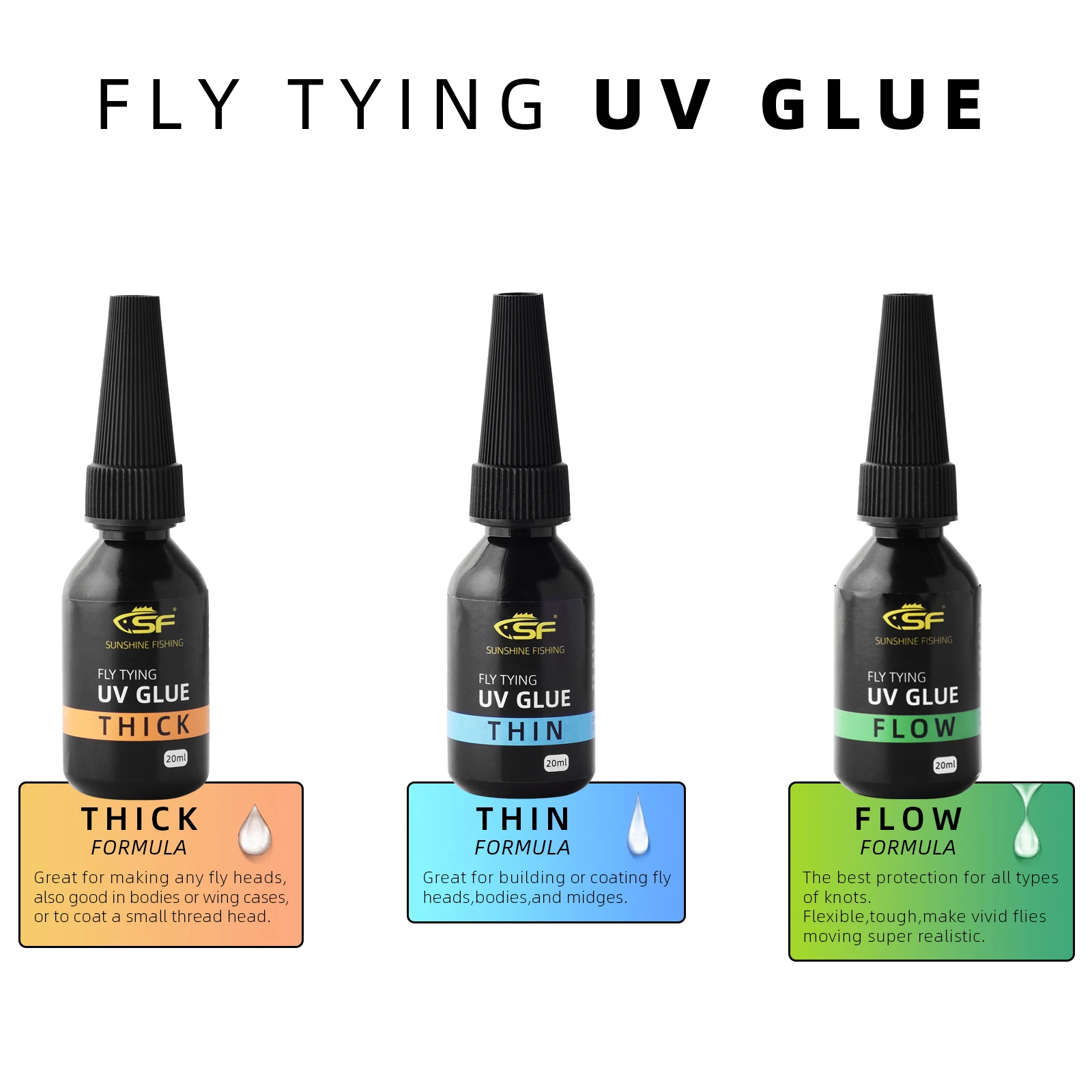 SF 1/3PCS Fly Fishing Fly Tying UV Glue Clear Thick/Thin/Flow 20ml UV Curing Resin for Building Flies Heads, Bodies and Wings