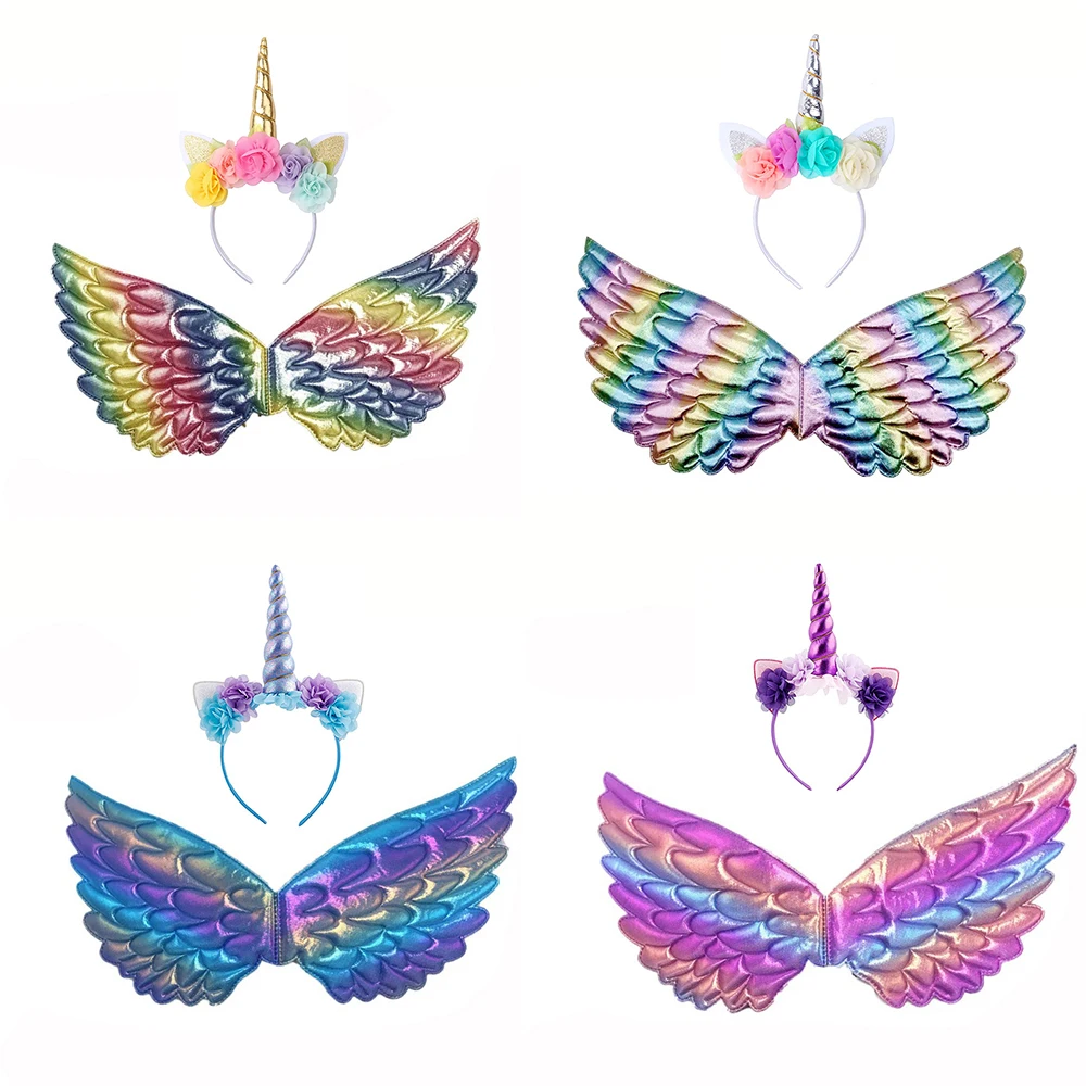 Children Cute Cat Ears Headband Unicorn Horn Headband Rainbow Wings for Kid Photo Props Birthday Party Dress Up Hair Accessories