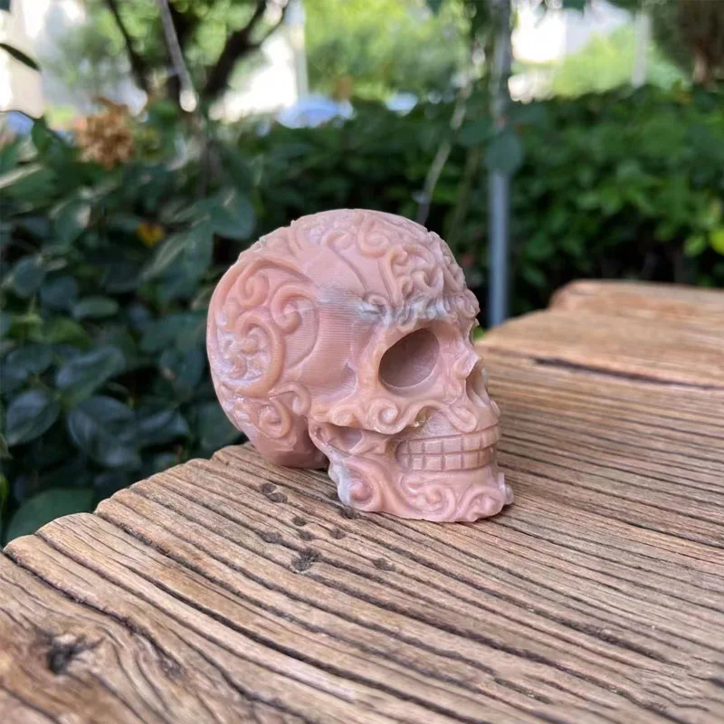 Natural Pink Opal Filigree Skull Intricately Carved Healing Quartz Crystal Stone Swirly Human Head With Gothic Scroll Pattern