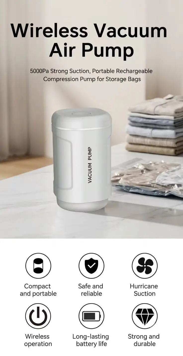 

Mini Vacuum Pump, 5000Pa Strong Suction, Turbo Suction, Portable, Household, Clothing Storage Bag, Deflation, Compression