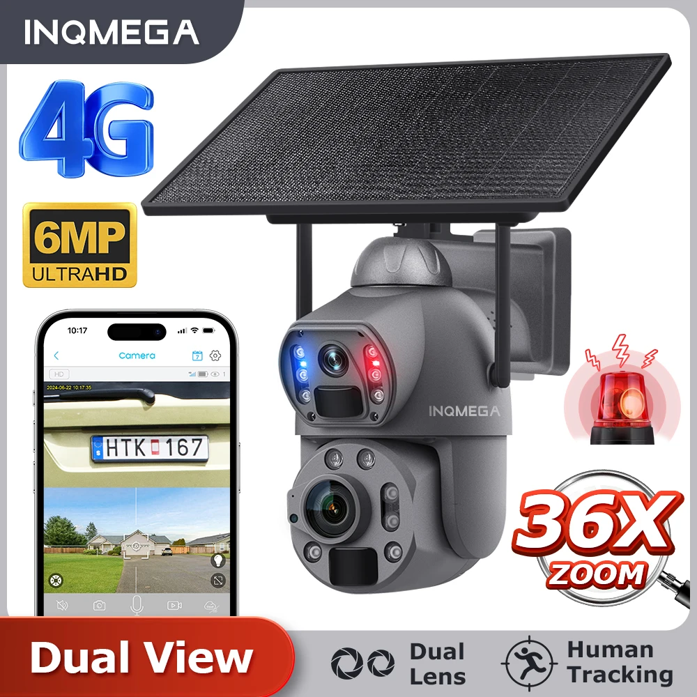 

INQMEGA 6MP 36x Zoom 4G Solar Camera WIFI Dual View PIR Solar Cell PTZ Camera Outdoor Security Red and Blue Light Alarm Camera