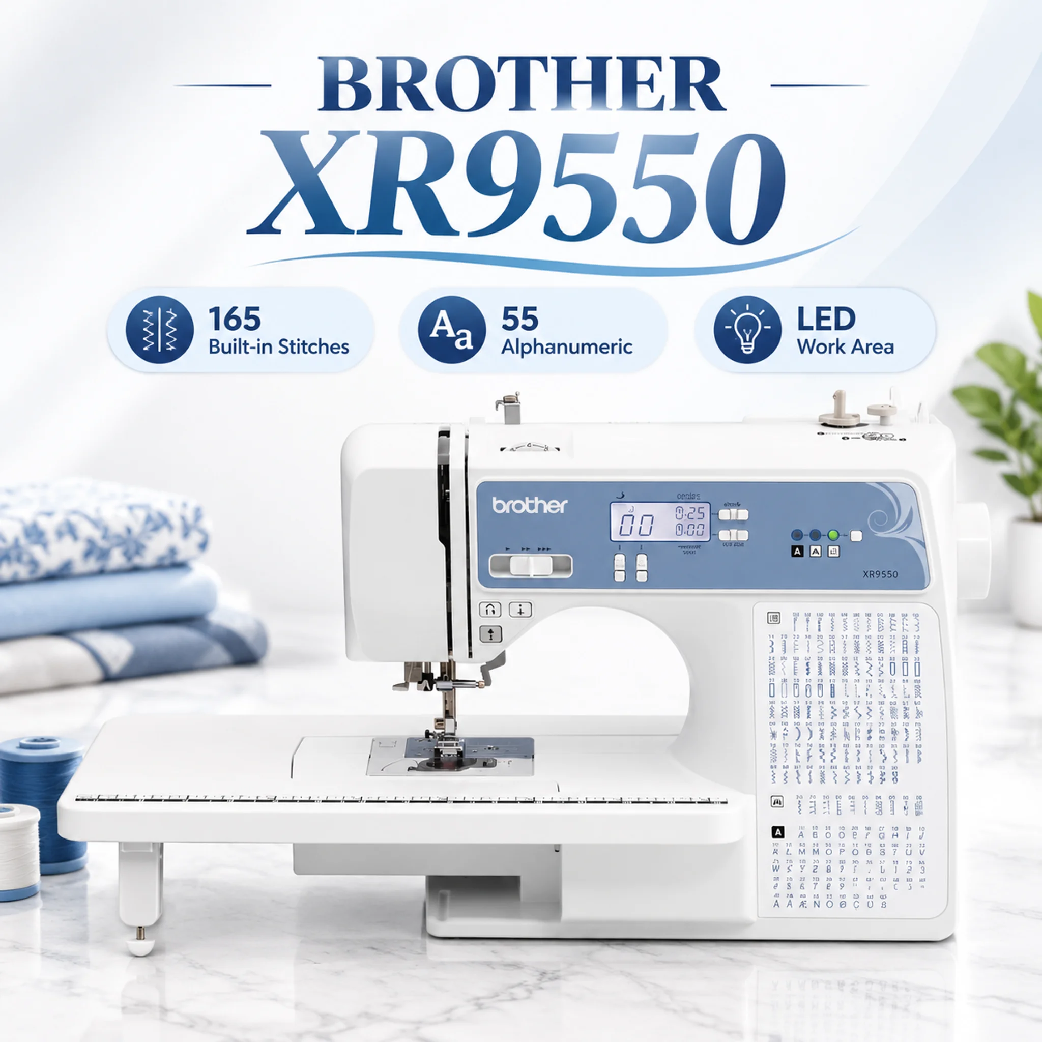 Brother XR9550 Computerized Sewing Machine 165 stitches including 55 alphanumeric, 8 One-step auto-size buttonhole, LED work area