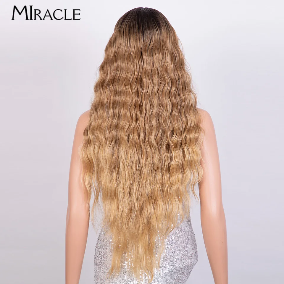 MIRACLE Curly Wig Synthetic Lace Front Wigs Blonde lace Wig for Women 30Inch Water Wave Highlight Cosplay Wig Fiber Fake Hair