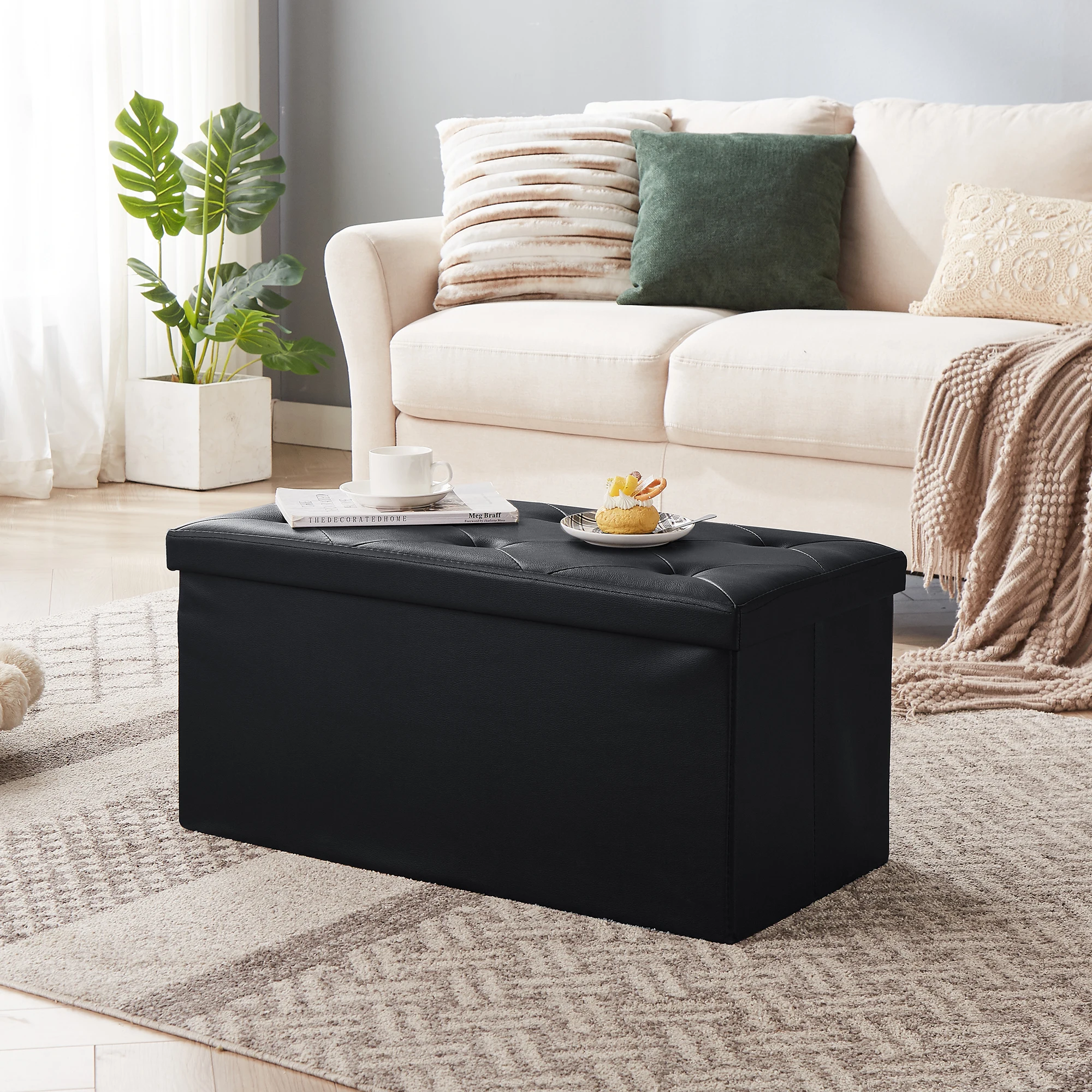 

VECELO Folding Storage Ottoman Bench with Padded SeatLinen Fabric Foot Rest Stool for Bedroom and Living Room