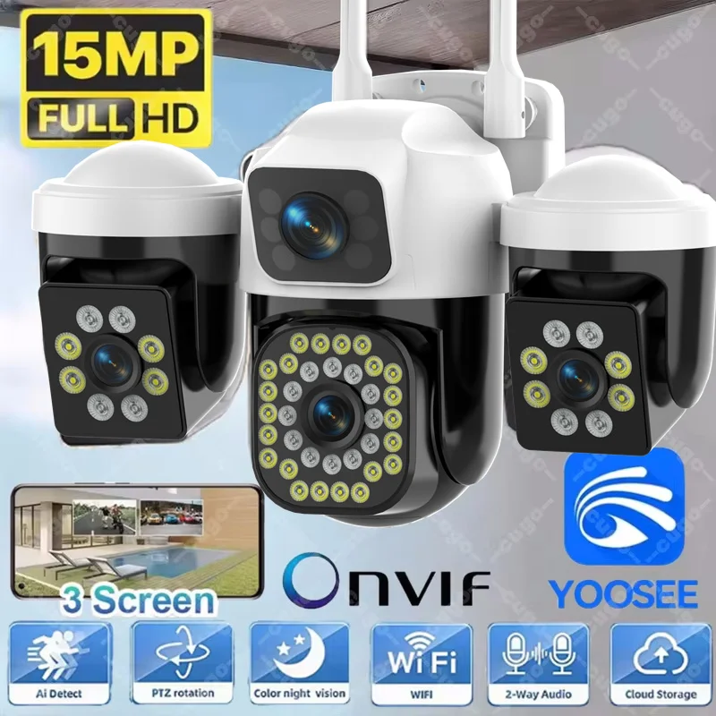 Three Screen WIFI IP Camera Outdoor 8K 15MP Three Lens PTZ Cam Ai Human Detection IP66 Waterproof Onvif CCTV Security Cam Yoosee