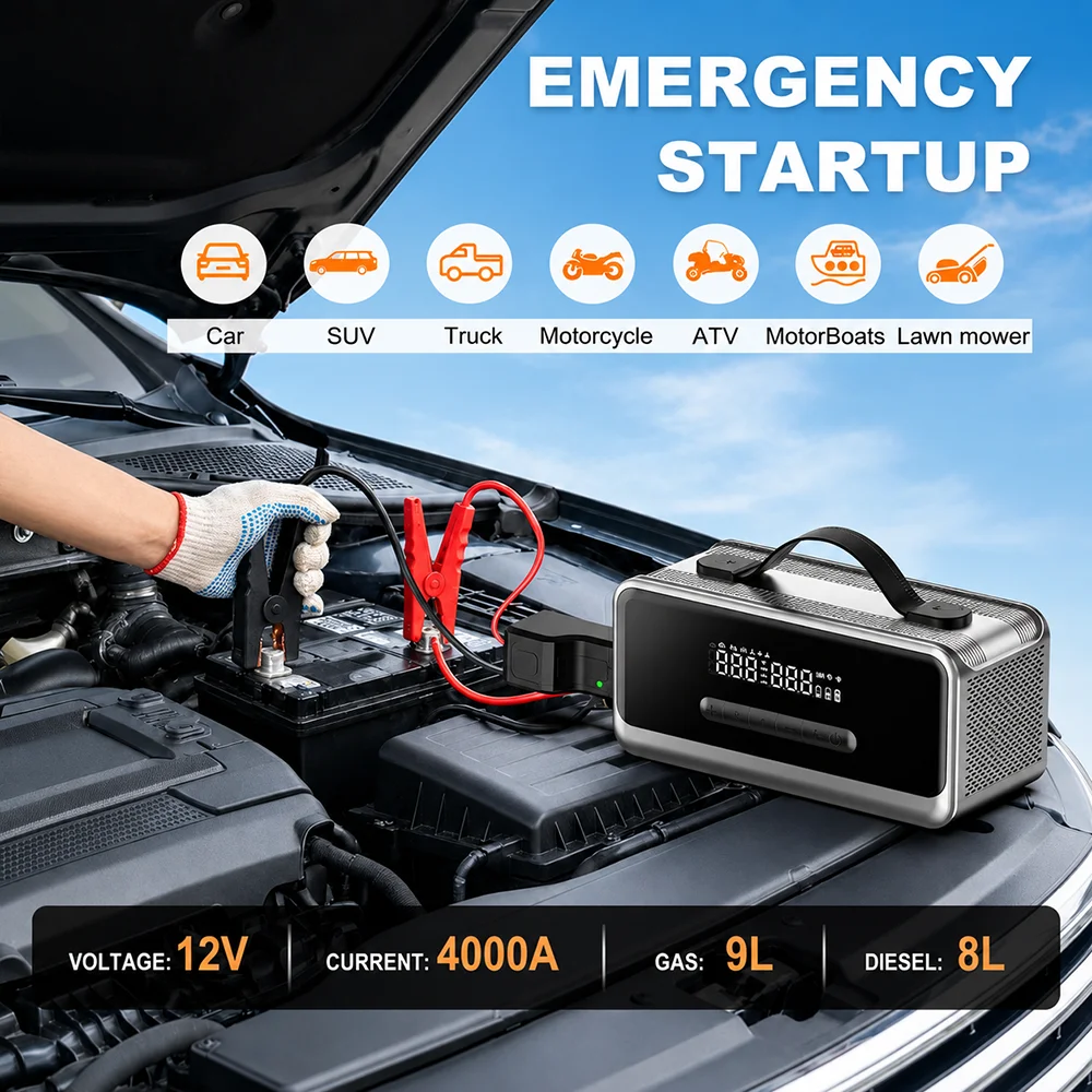 Jump Starter with 180PSI Air Pump & Air Blower, 12V 12-in-1 Emergency Power Pack with LED Light for 9.0L Gas / 6.5L Diesel view 3