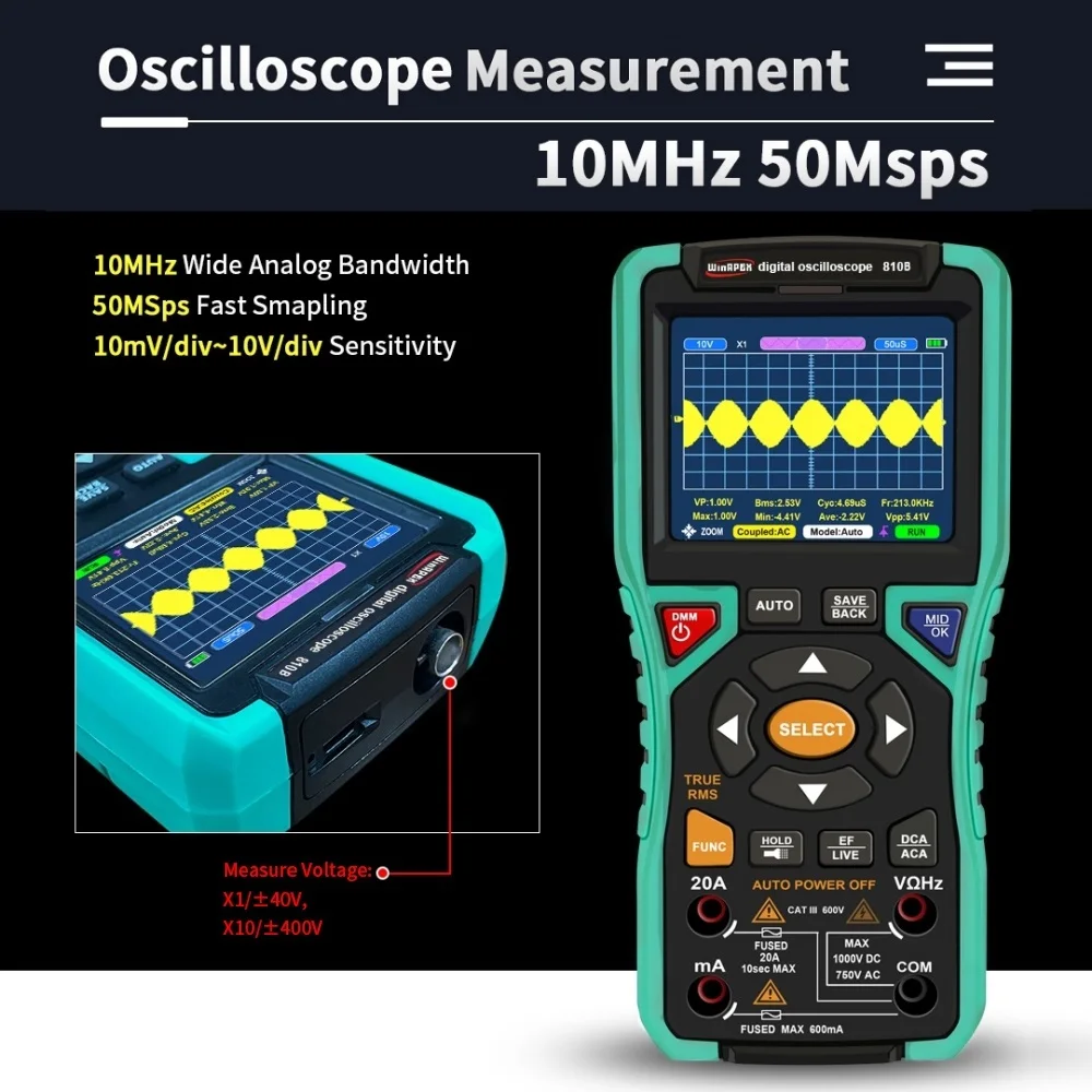 WinAPEX 3.2inch Digital Portable Oscilloscope Multimeter 10Mhz Bandwidth 9999 Counts 2500mAh Large Battery Electrician Tools