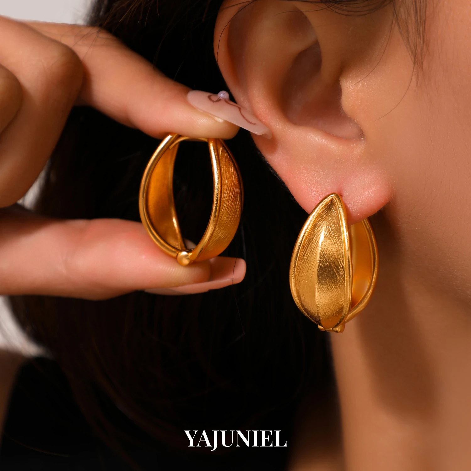 YAJUNIEL 24K Real Gold Plated Leaf Bud Hoop Earrings for Women Hypoallergenic Brass Textured Huggie Earrings Jewelry Gift