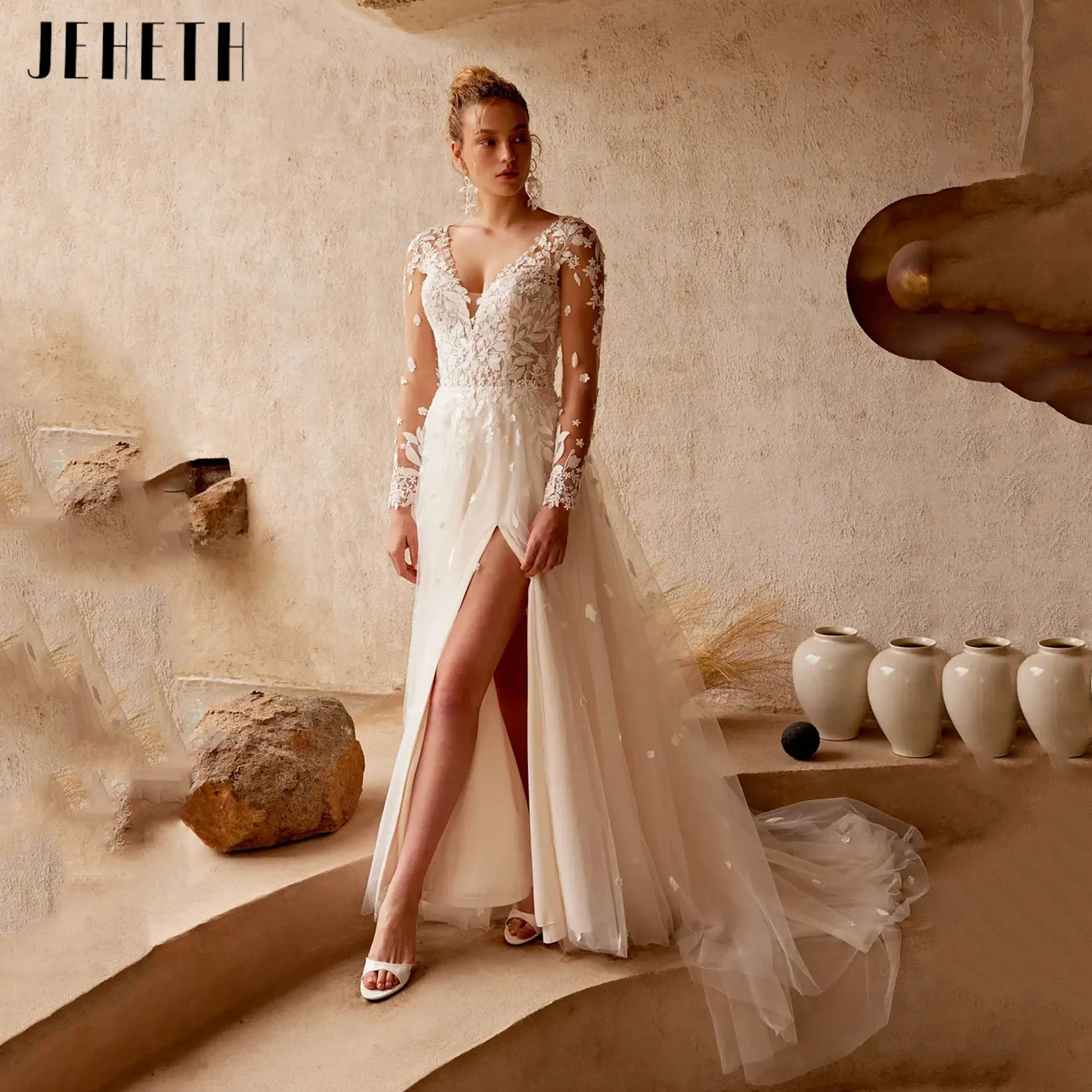 

JEHETH A-line Slit Wedding Dresses Long Sleeves Illusion Back Bridal Gowns V-neck Appliques Modern vestidos de novia Customized