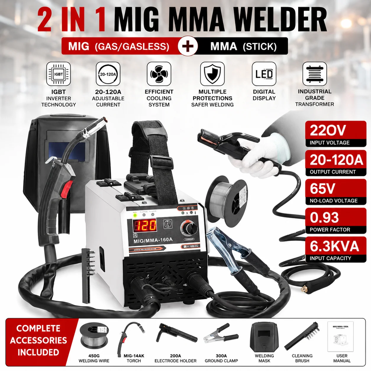 Soudeuse MIG MMA 2-en-1 220V à Inverter IGBT, 20-120A, alimentation par fil fourré, soudage à l'arc, affichage numérique, kit complet d'outils