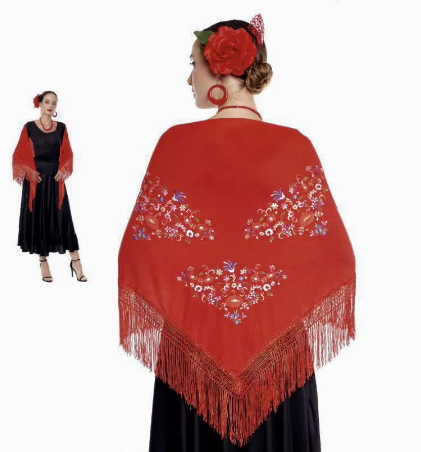 مانيلا شال زهرة التطريز عادي الألوان للنساء فتاة ، شالات الفلامنكو لفستان عادل ، Sevillana أو فلامنكا اللون أسود أحمر أبيض وردي أزرق