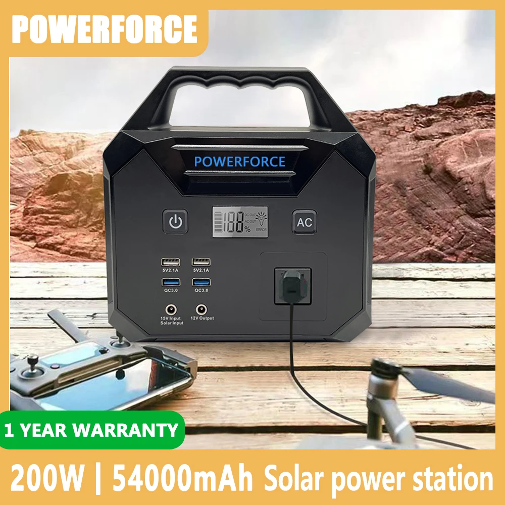 Solar Power Station 200W 3.7V Polymer Llithium Battery Mini Portable Generator With 2 QC3.0 and 1 AC Output Power Bank 54000mAh