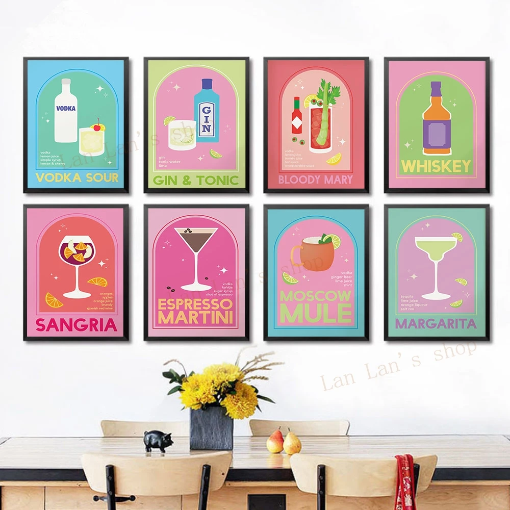 Lemonade Martini Margarita Vodka Sour Chicken Espresso Sangria Bloody Mary Cocktail Poster Vintage Cocktail Prints Kitchen Decor