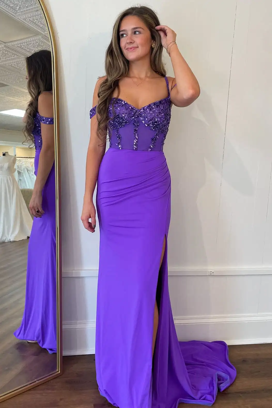 Off The Shoulder Corset Seqiun Prom Dress For Women Long Satin Mermaid Formal Evening Gown Party Dresses With Split Beaded