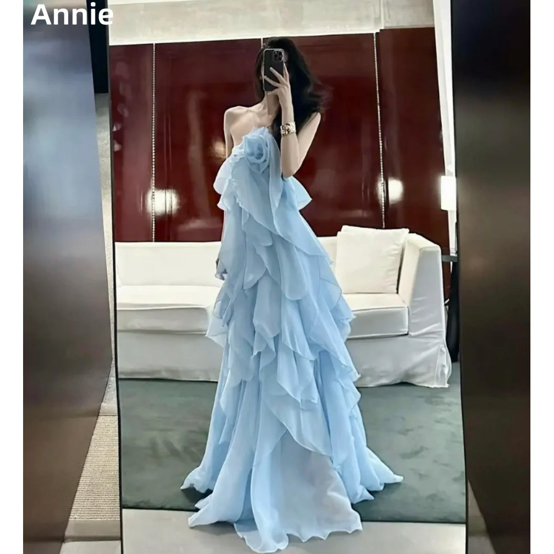 

Annie Многослойные платья для выпускного вечера с бретелькой на шее и оборками Небесно-голубые шифоновые вечерние платья А-образной формы Свадебные платья принцессы