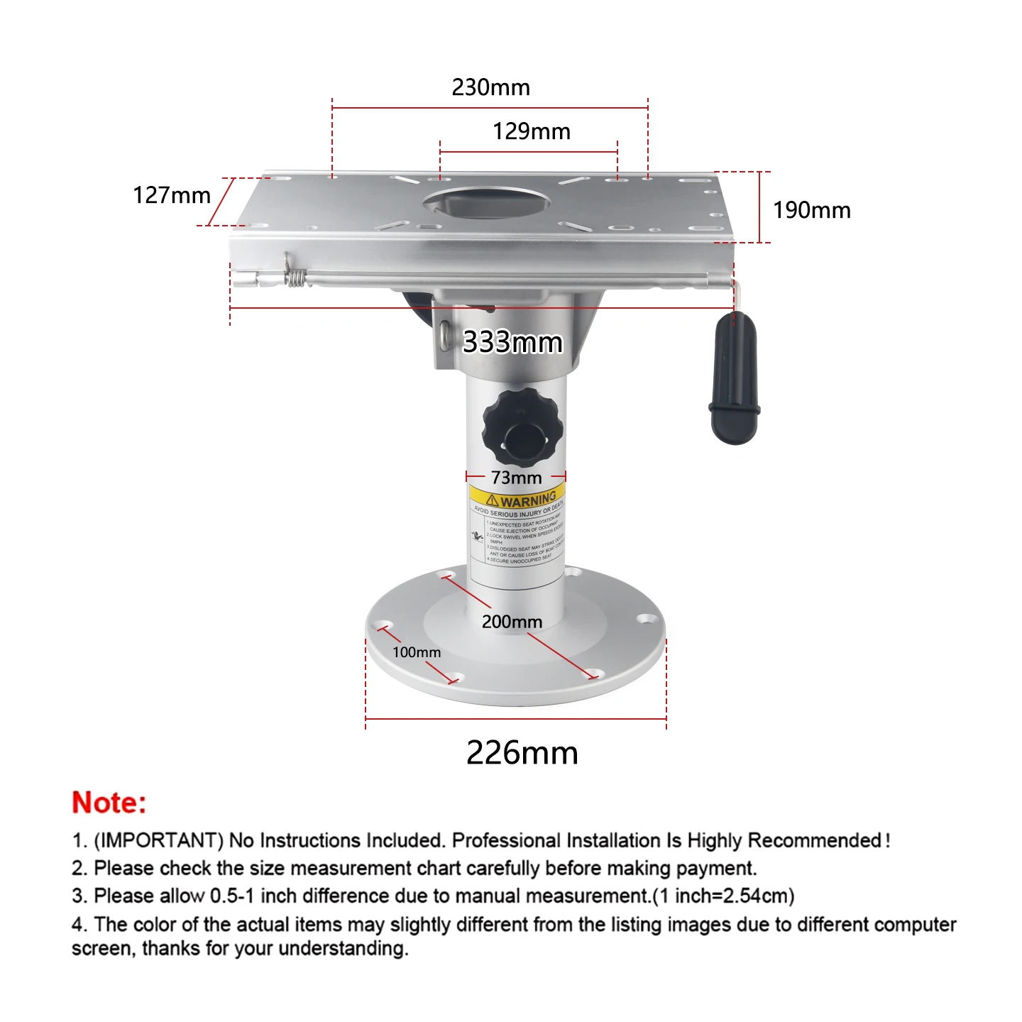 7-Level Height Adjustable Marine Boat Seat Pedestal, Anodized Aluminum 360° Rotating Base with 7