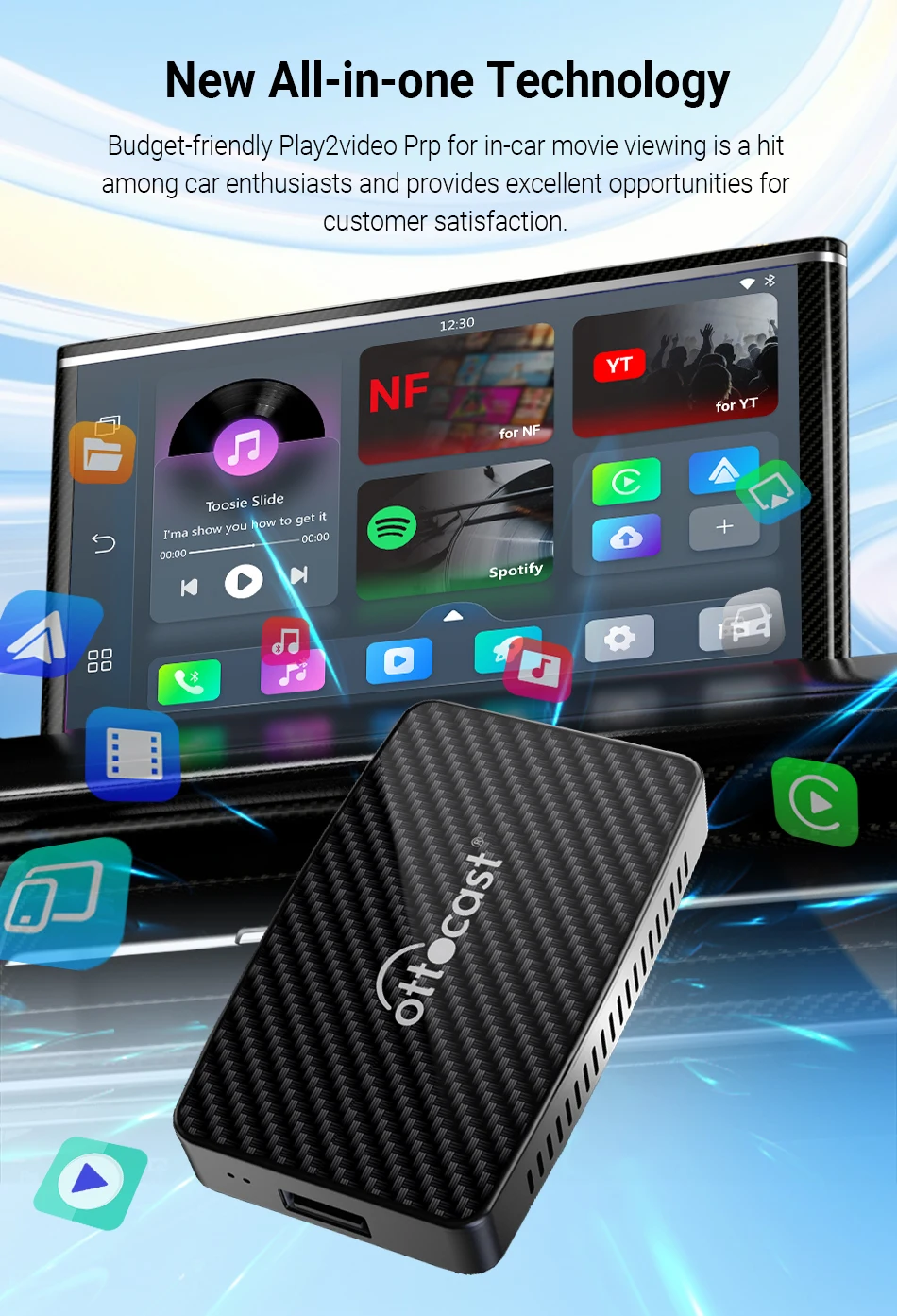 OTTOCAST Wireless CarPlay Android Auto Play2Video Pro, adaptor Dongle mobil pemutaran aplikasi Video bawaan