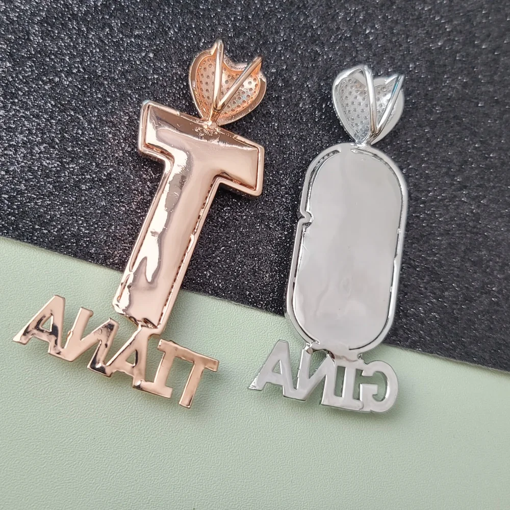 Custom Big Bold Initial With Mini Letters Personalized Icy Heart Bail Name Necklace With 9MM Cuban Link Chain Hip Hop Jewelry view 3